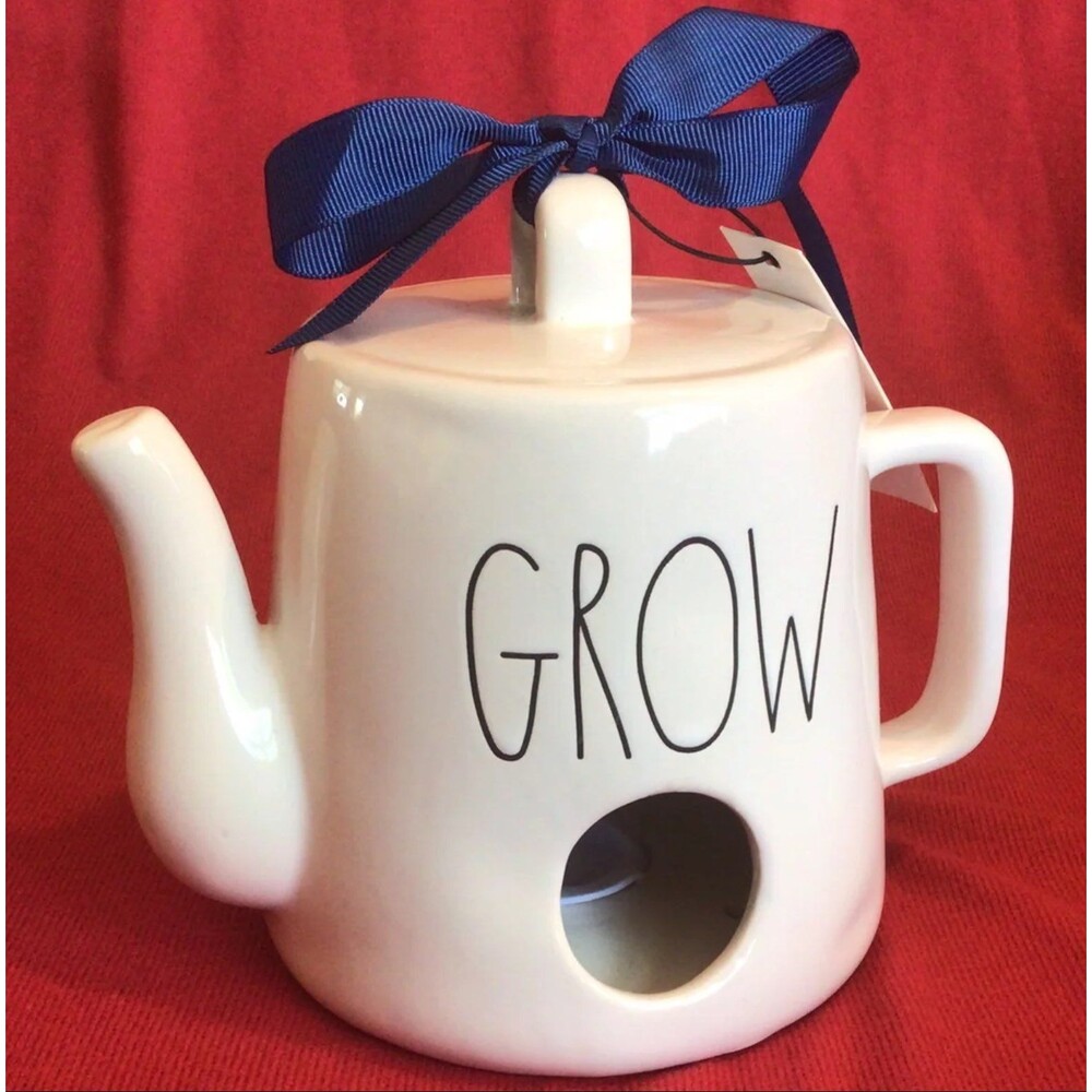 TEAPOT KETTLE BIRDHOUSE "GROW" RAE DUNN Home Decor Ivory & Blue Bow NEW